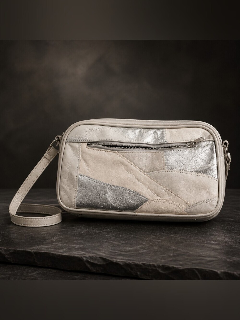 RARE 90s Vintage White Silver Colorblock Jaclyn Smith Patchwork Crossbody Bag